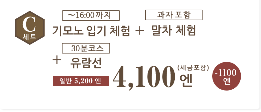 Cセット：きもの着付け体験+お抹茶体+遊覧船4100円